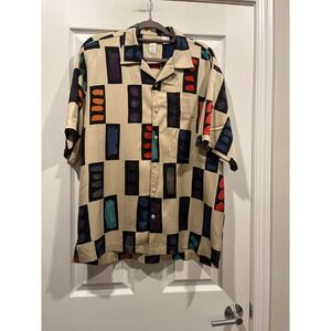 Burma Bibas Mens Silk Shirt M Vintage Abstract Geometric Short Sleeve Tan Black
